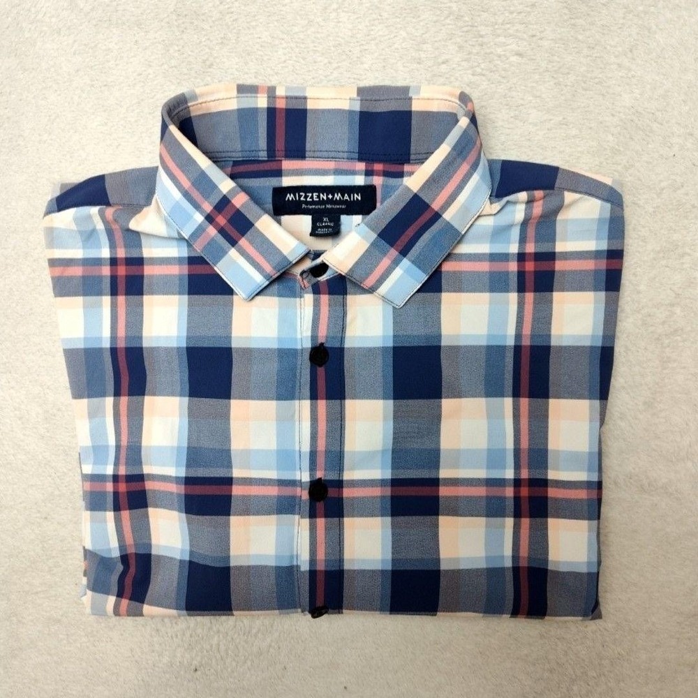 Mizzen+Main Shirt Mens‎ XL Blue Plaid Button-Up Stretch Performance Classic Work